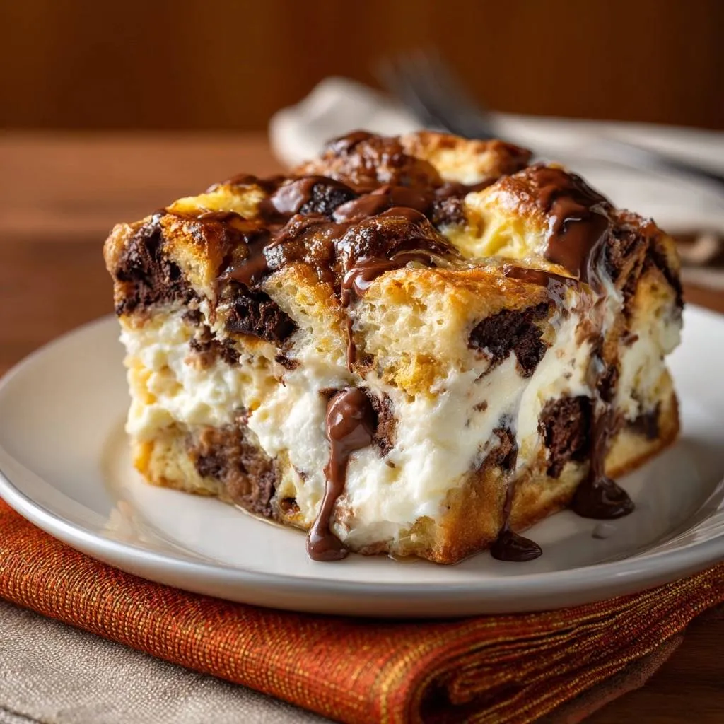 Chocolate bread pudding cross-section with a rich chocolate drizzle on a white plate.