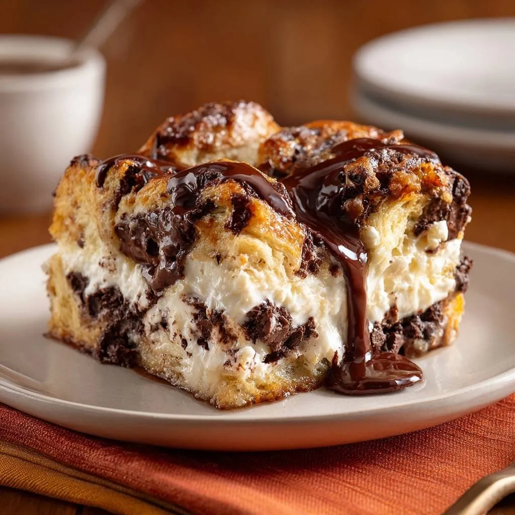 Chocolate bread pudding cross-section with creamy filling and rich chocolate glaze dripping down the side.