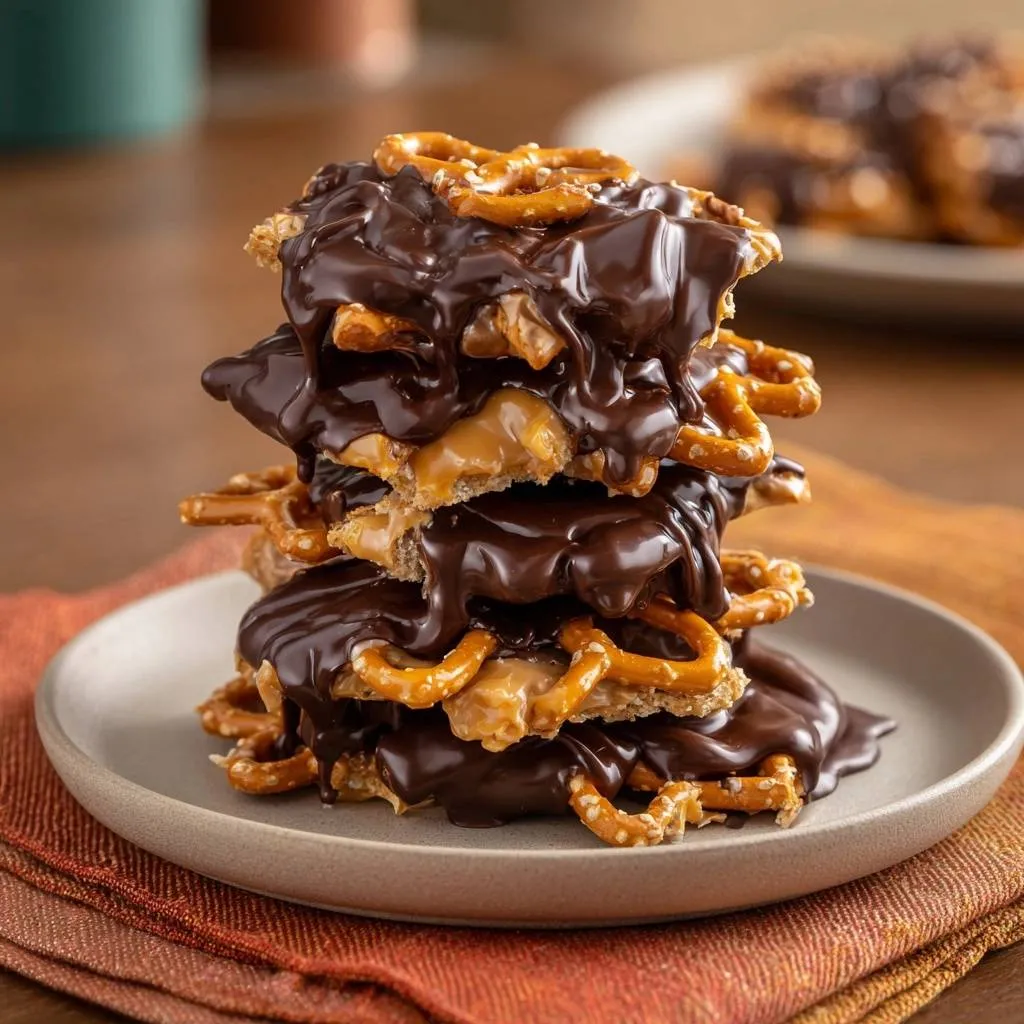 Chocolate caramel pretzel clusters stacked high on a plate, showing the gooey caramel and crunchy pretzel layers.