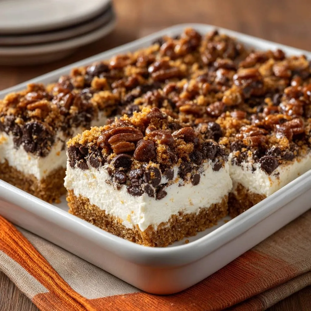 Chocolate Chip Pecan Cheesecake Bars, a close-up view showing a single slice with layers of crust, filling, and topping.