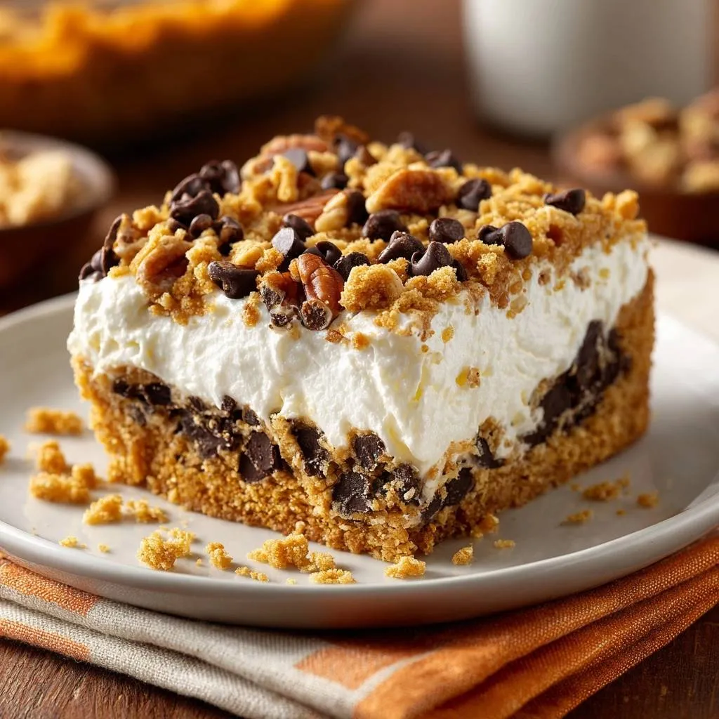 Chocolate Chip Pecan Crunch Bars, a plated slice showcasing layers of cookie crust, chocolate chips, and creamy topping.