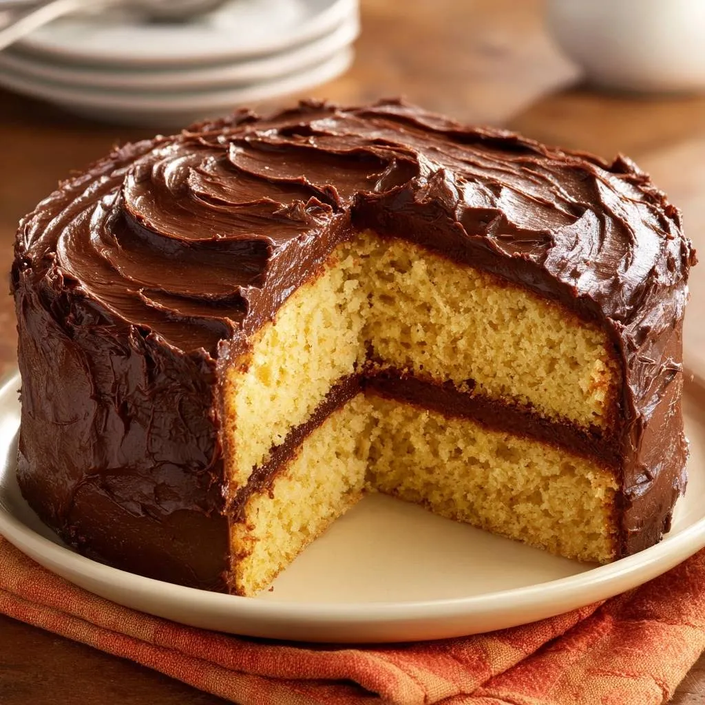 Chocolate frosted yellow cake cross-section showing two moist cake layers with chocolate filling.
