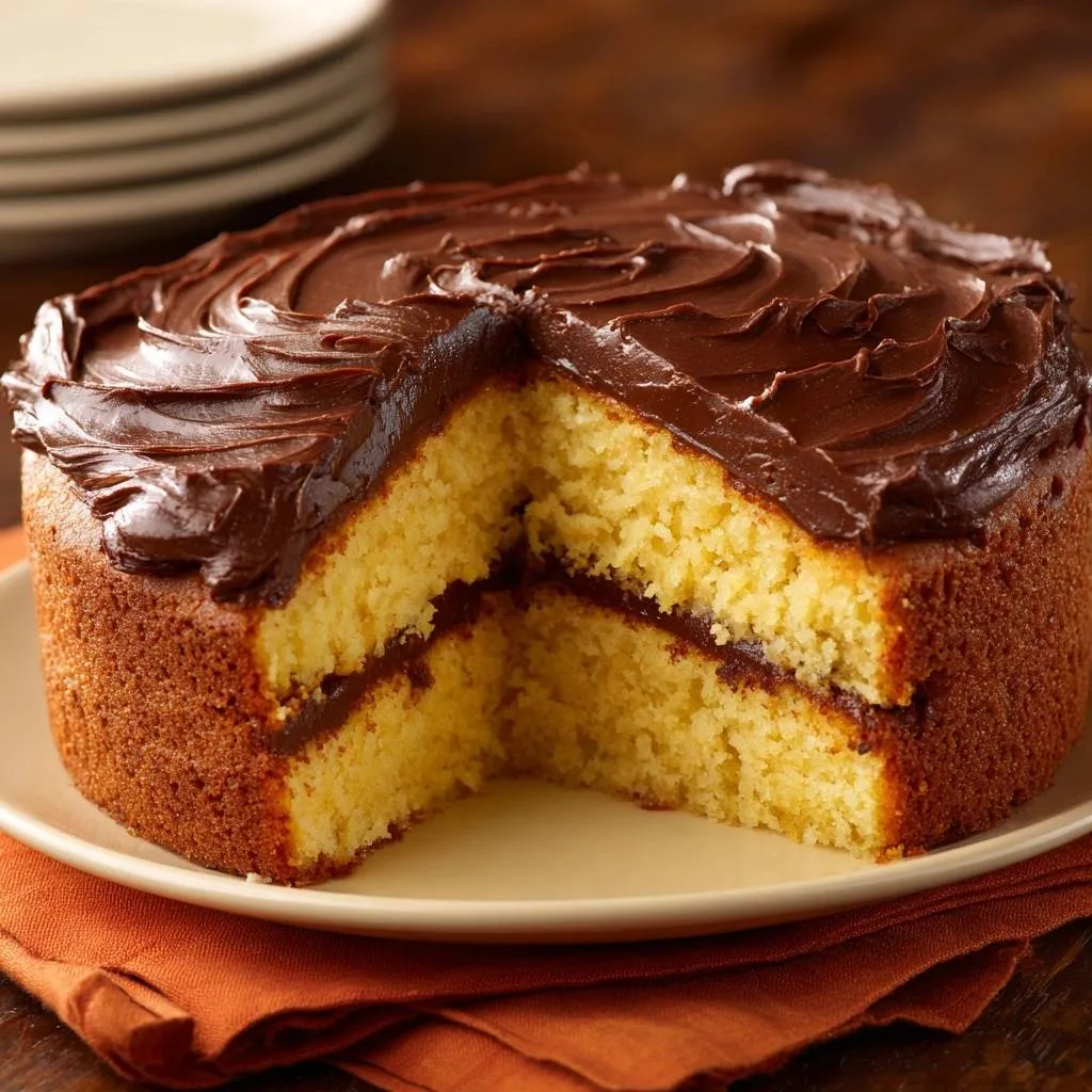 Chocolate frosted yellow cake showing a moist cross-section with rich chocolate filling.