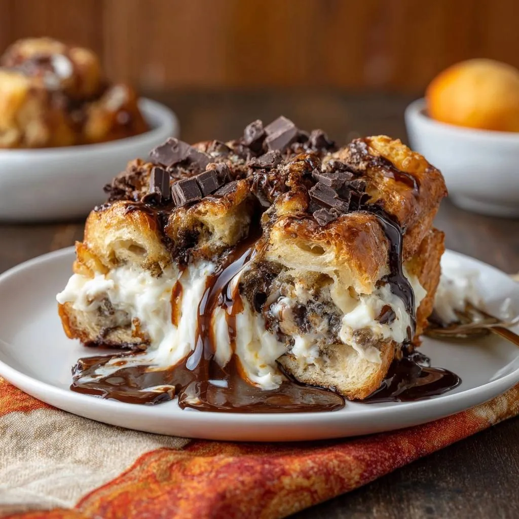 Chocolate orange bread pudding cross-section showing creamy filling and rich chocolate glaze drizzled over toasted pastry.
