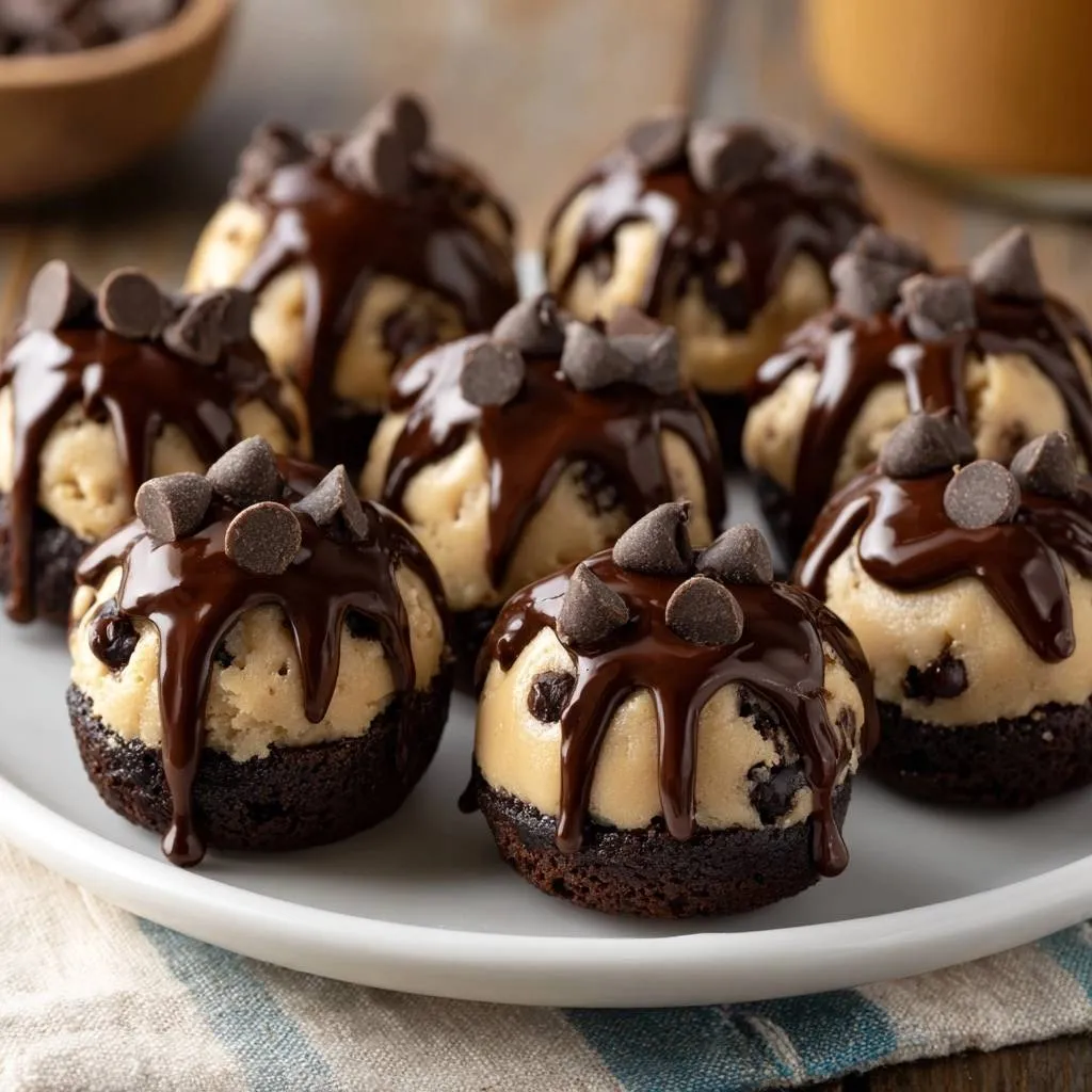 Chocolate peanut butter brownie bites with fudgy no-bake tops generously drizzled with chocolate glaze and mini chocolate chips.
