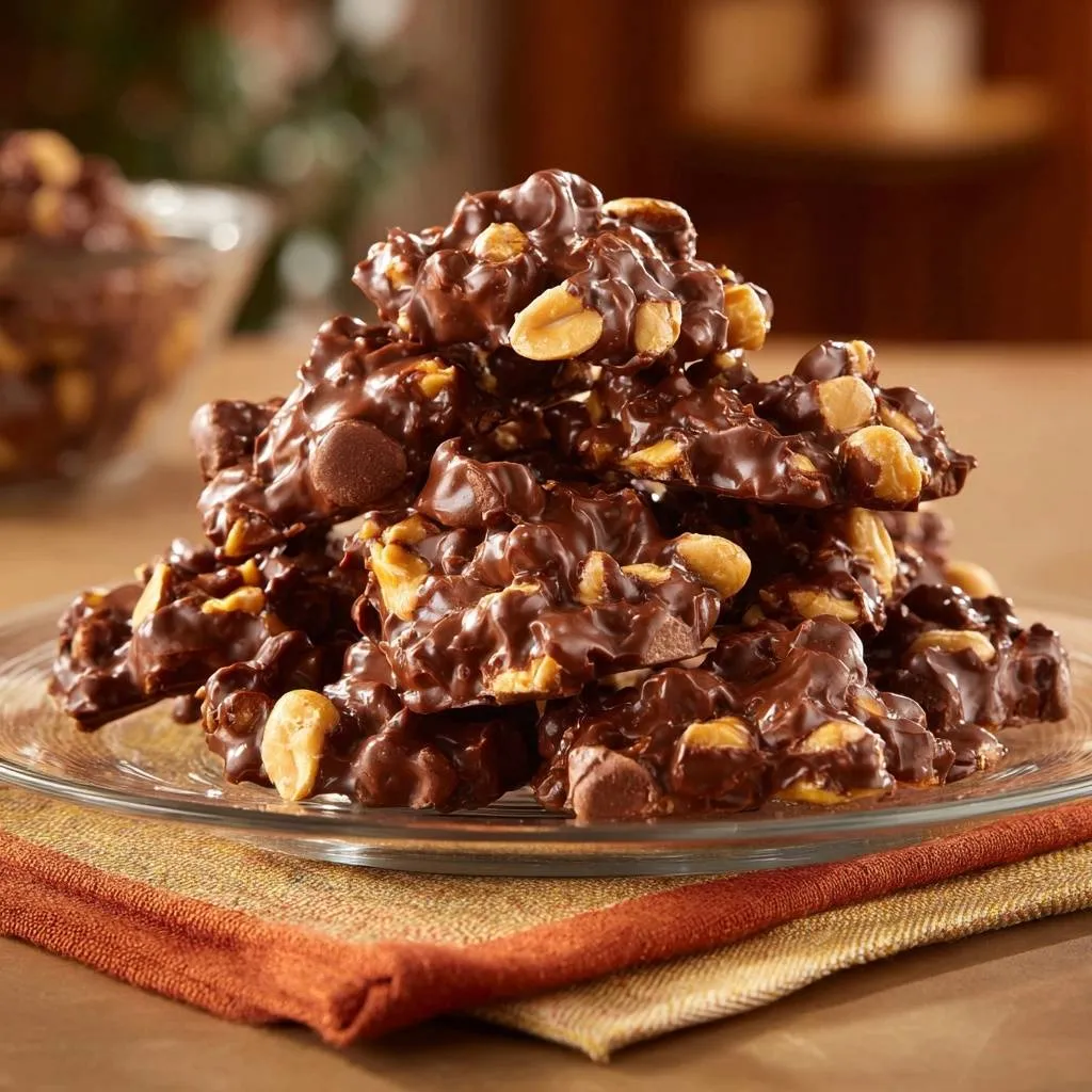 Chocolate popcorn clusters piled high on a clear glass plate, showcasing their rich texture and peanut inclusions.
