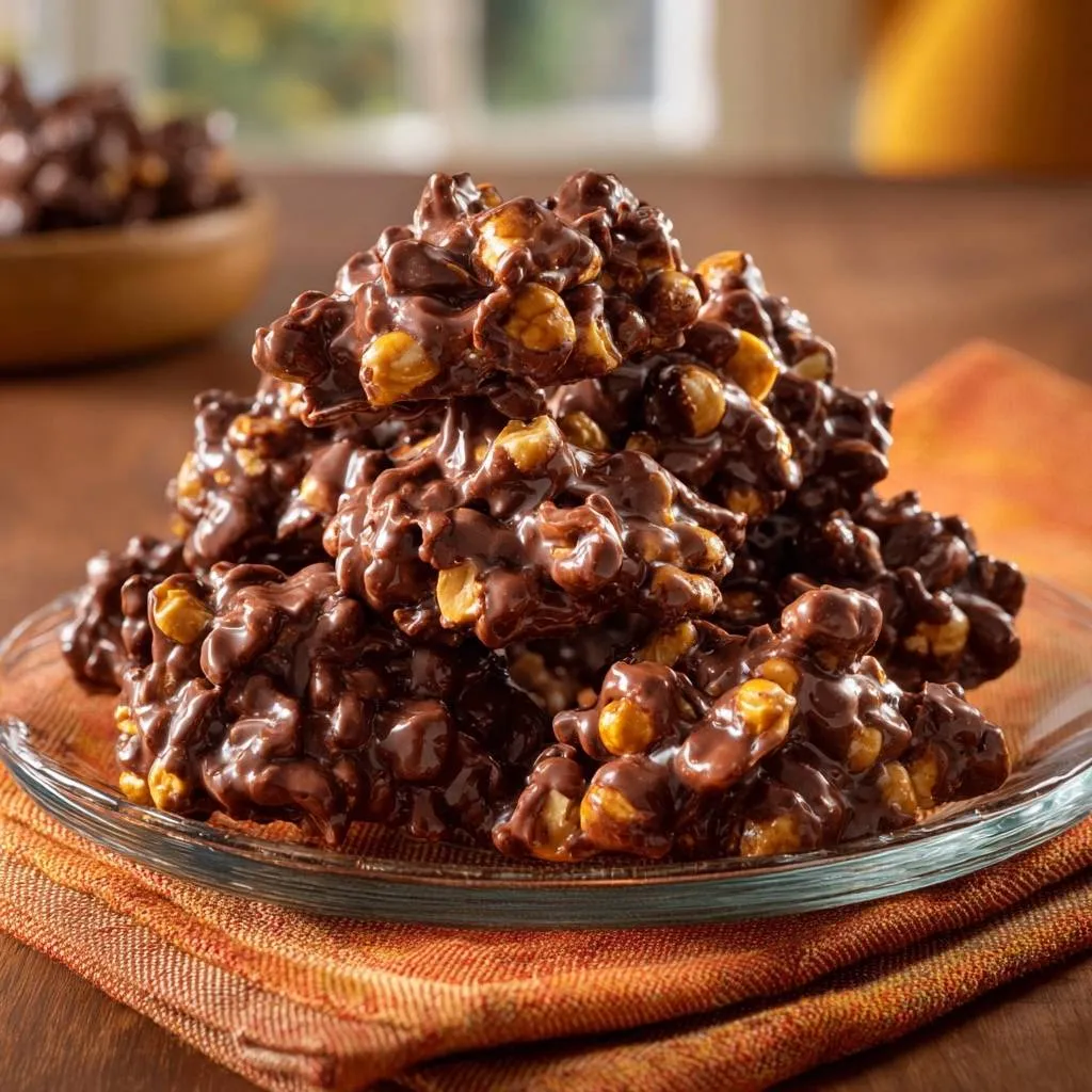 Chocolate popcorn clusters piled high on a clear glass plate, showcasing their rich chocolate coating and crunchy texture.