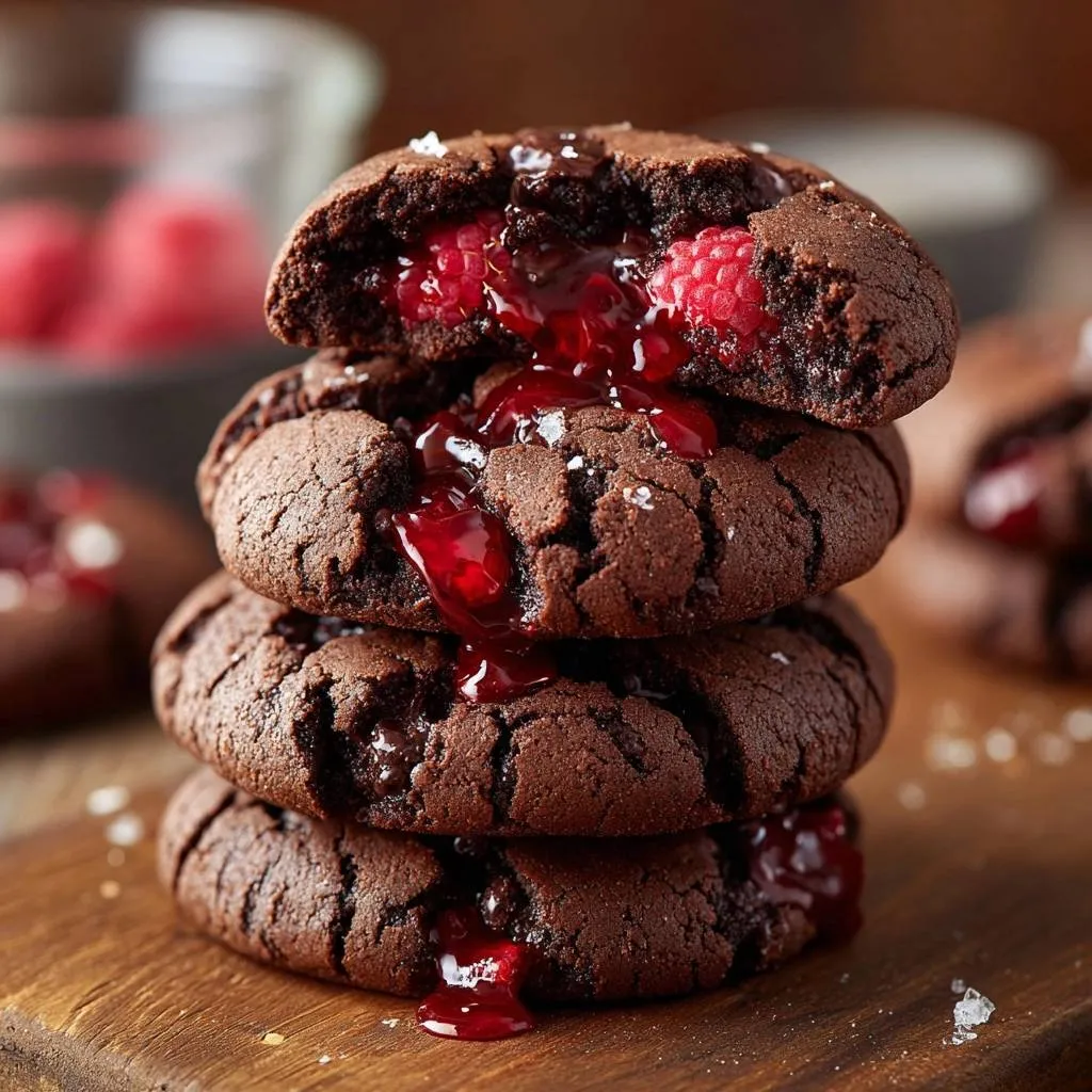 Chocolate raspberry thumbprint cookies cross-section revealing a raspberry filling and gooey chocolate center.