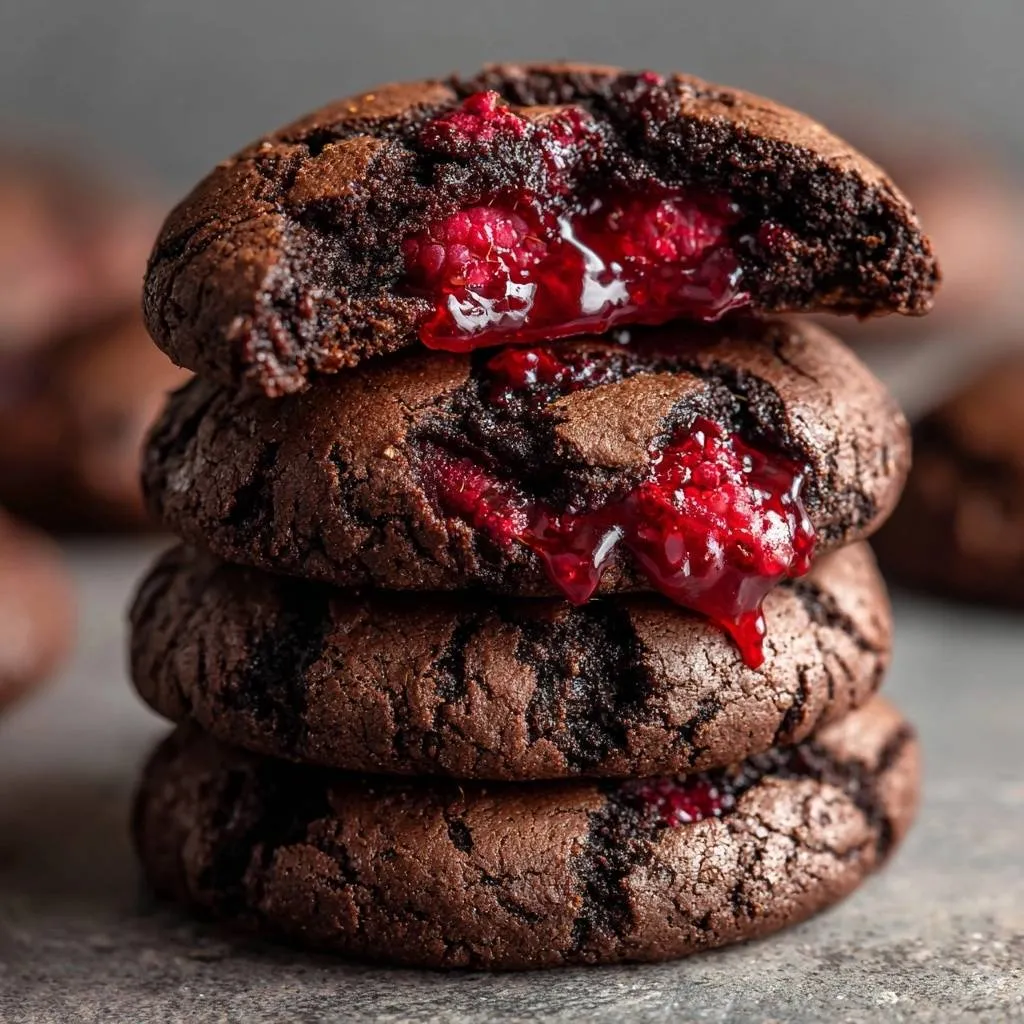 Chocolate raspberry thumbprint cookies cross-section revealing gooey raspberry filling in a stack