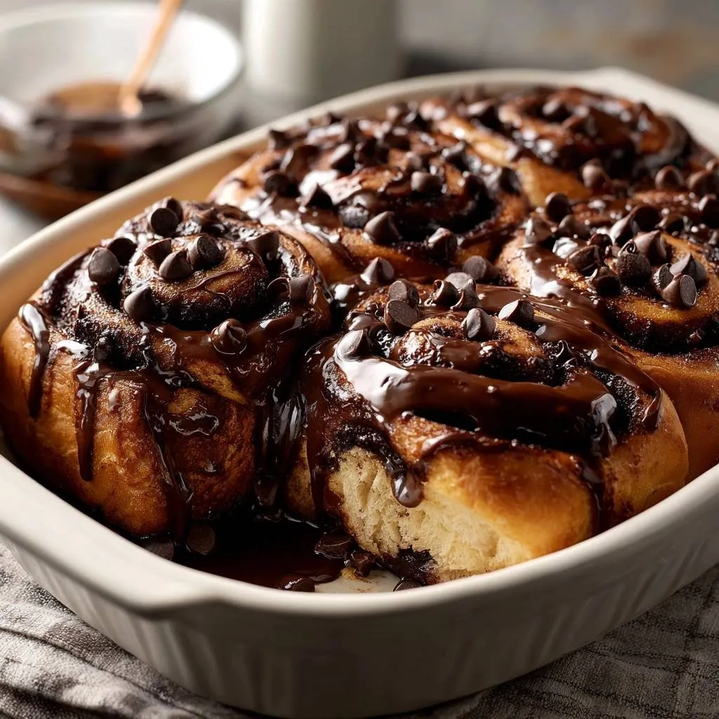 Chocolate swirl rolls with guaranteed height, showing a close-up of the rich chocolate glaze and mini chocolate chips on top.
