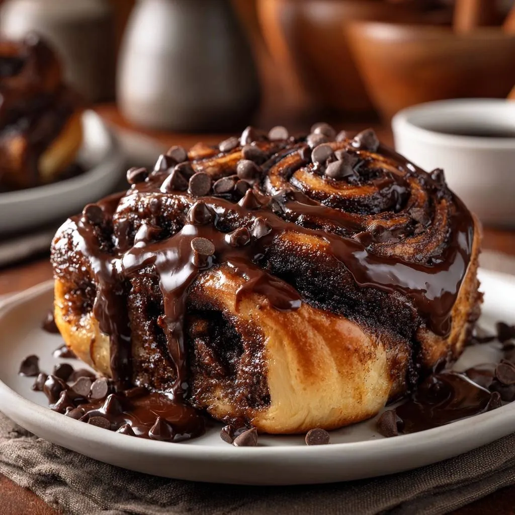 Chocolate swirl rolls with a decadent chocolate glaze and chocolate chips, showcased on a white plate.