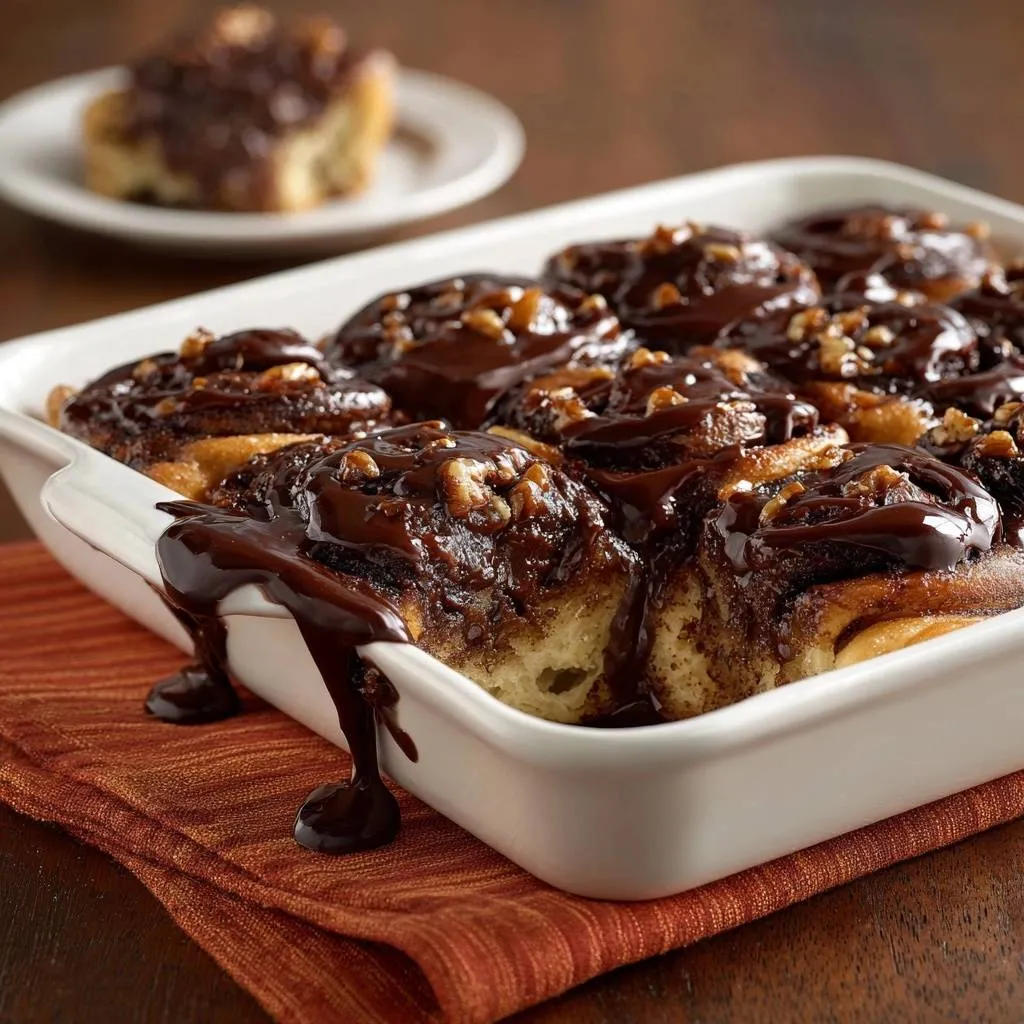 Chocolate walnut cinnamon rolls with a rich chocolate glaze dripping over the side in a white baking dish.