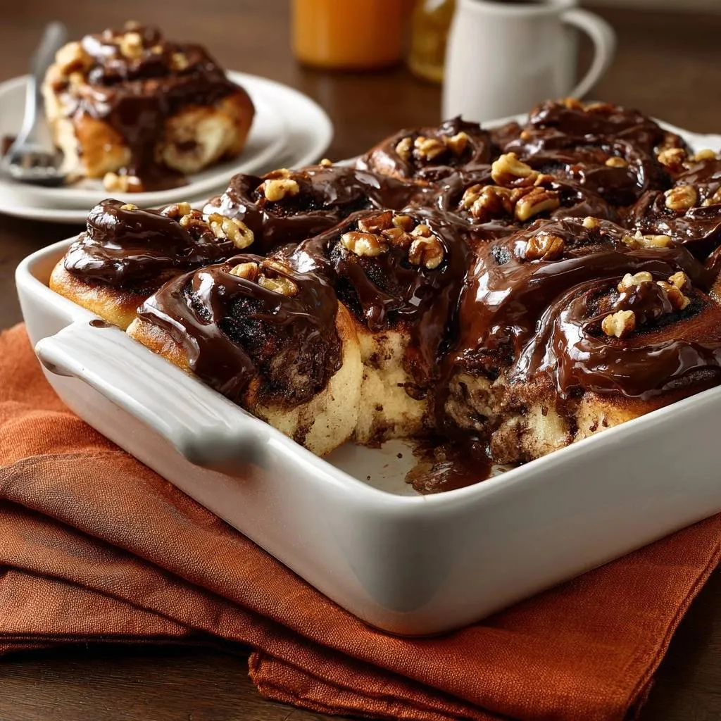 Chocolate walnut cinnamon rolls in a white baking dish, glistening with chocolate glaze and topped with chopped walnuts.