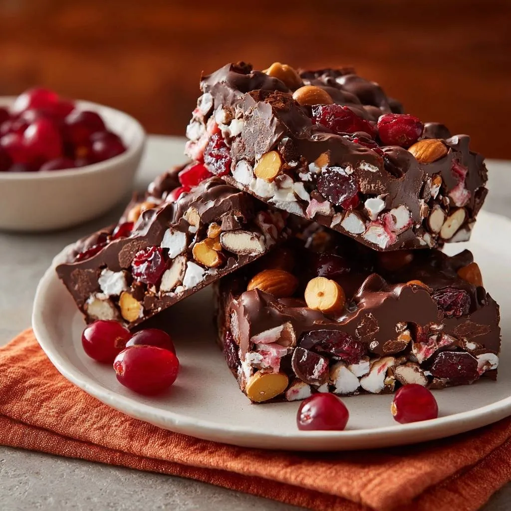 Chunky cranberry nut chocolate bark shown in a cross-section view, stacked on a white plate with fresh cranberries.