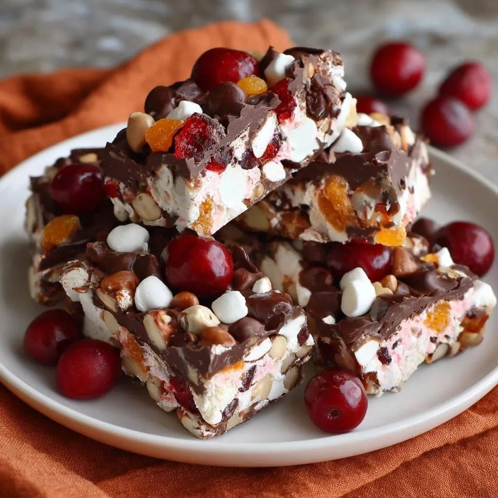 Chunky cranberry nut chocolate bark showing stacked bars with visible marshmallows, nuts, and dried fruit.