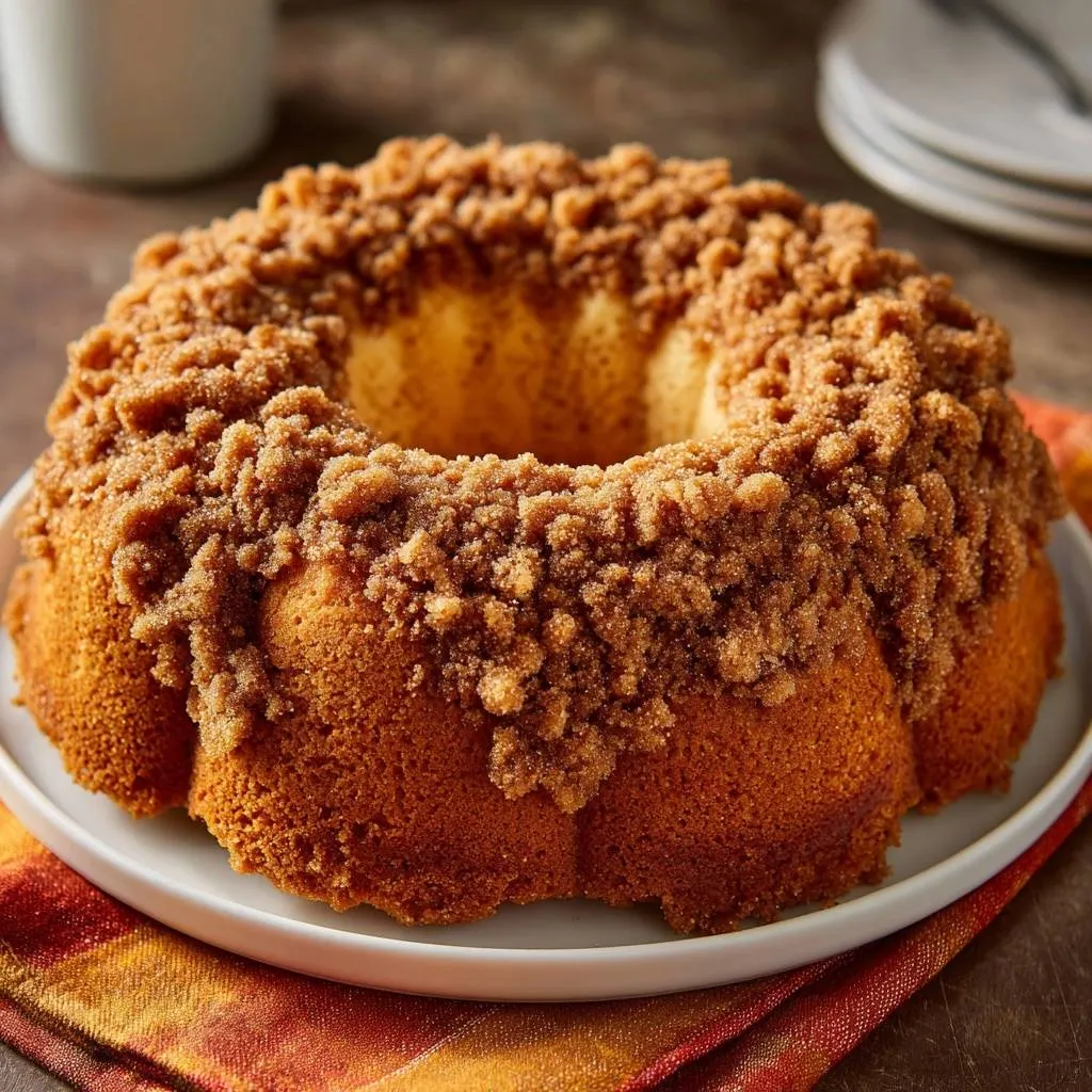 Cinnamon streusel bundt cake featuring a generous topping of crumb streusel in a close-up view.