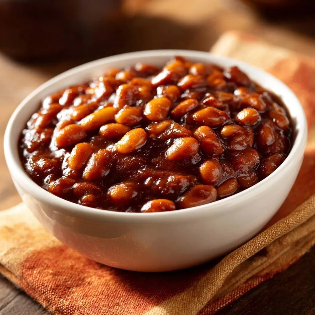 Classic baked beans with a thick, glossy sauce served in a white bowl on a checkered napkin.