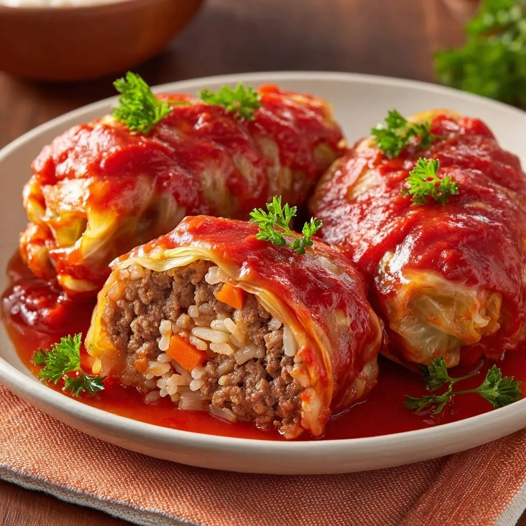 Classic beef cabbage rolls are shown in a cross-section, revealing the savory filling of ground beef and rice.
