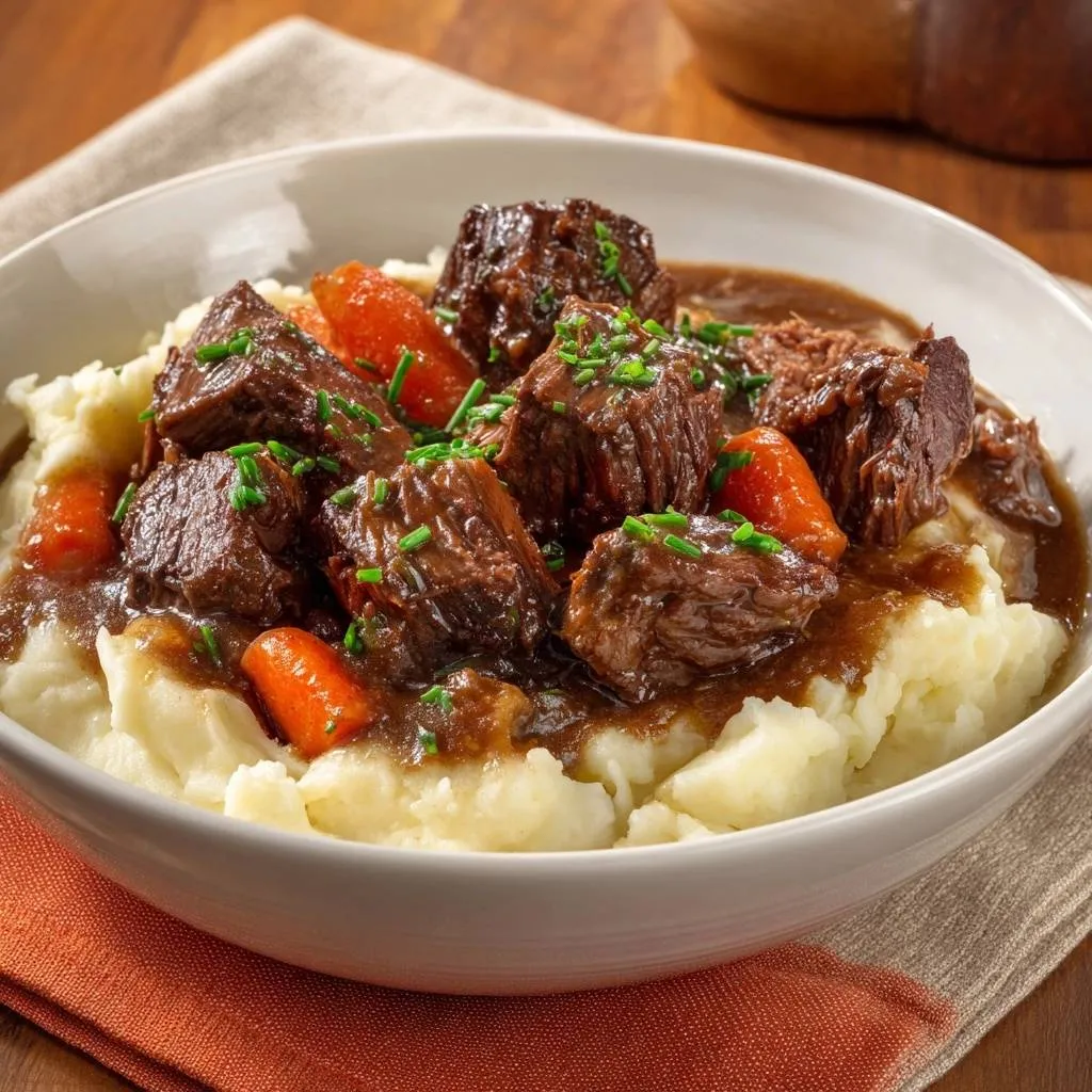 Classic beef stew with carrots and mashed potatoes served in a white bowl, detailed close-up view
