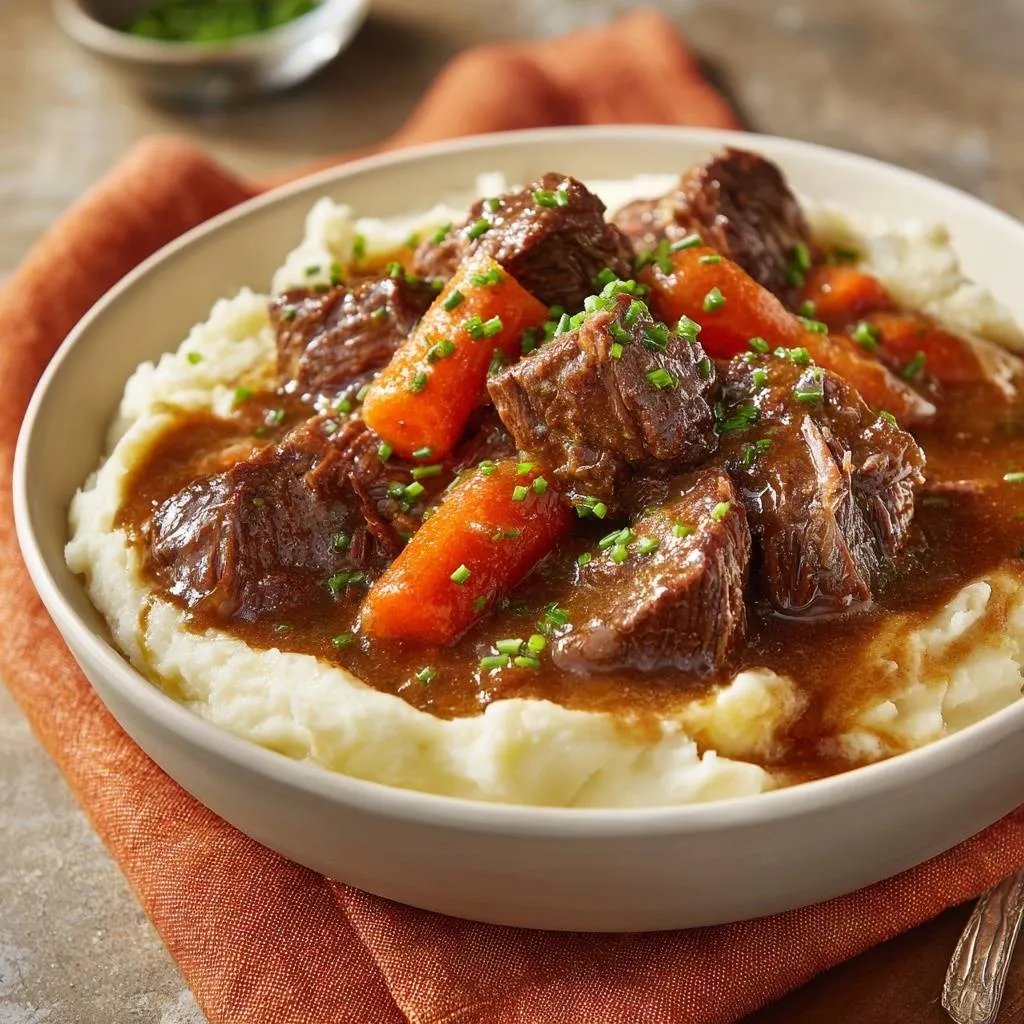 Classic beef stew with carrots and mashed potatoes served in a white bowl, top view with chives garnish.
