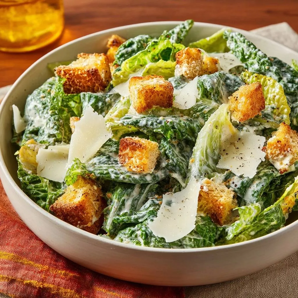 Classic Caesar salad with ultra-crispy croutons and shaved Parmesan cheese, shown in a close-up detail.