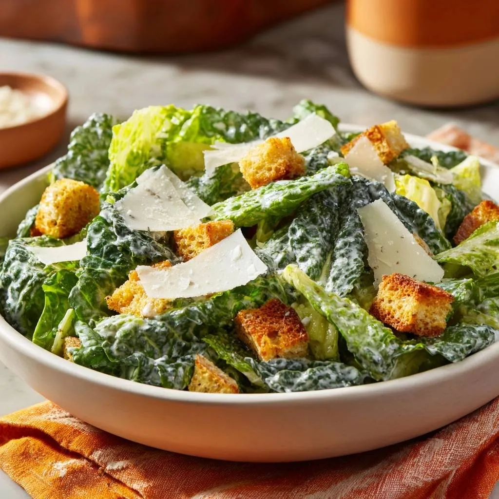 Classic Caesar Salad with Ultra-Crispy Croutons served in a bowl with shaved Parmesan and croutons visible in detail.