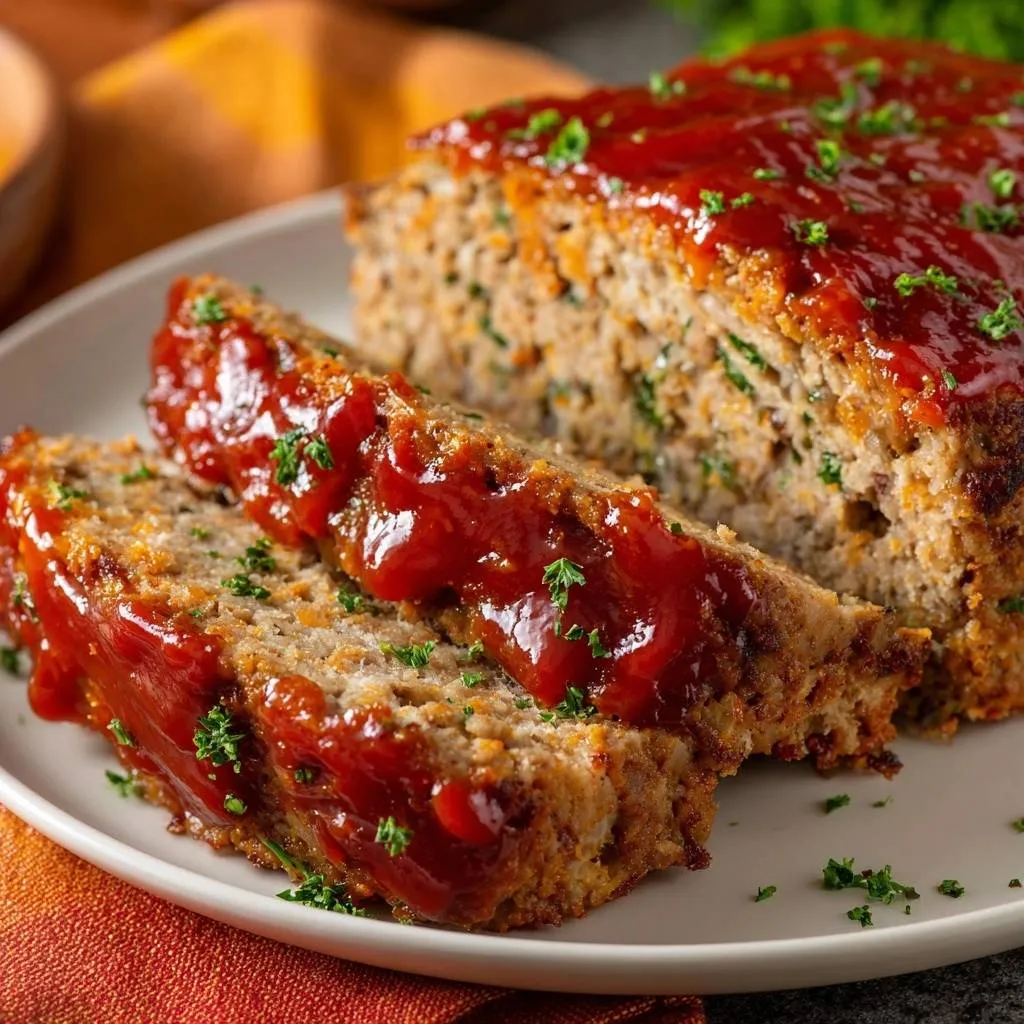Classic glazed meatloaf, sliced and shown in a close-up view with a rich tomato glaze and fresh parsley.