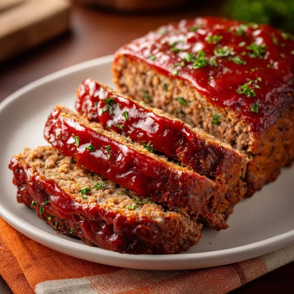 Classic glazed meatloaf sliced and presented on a white plate with a close-up view of the rich glaze.