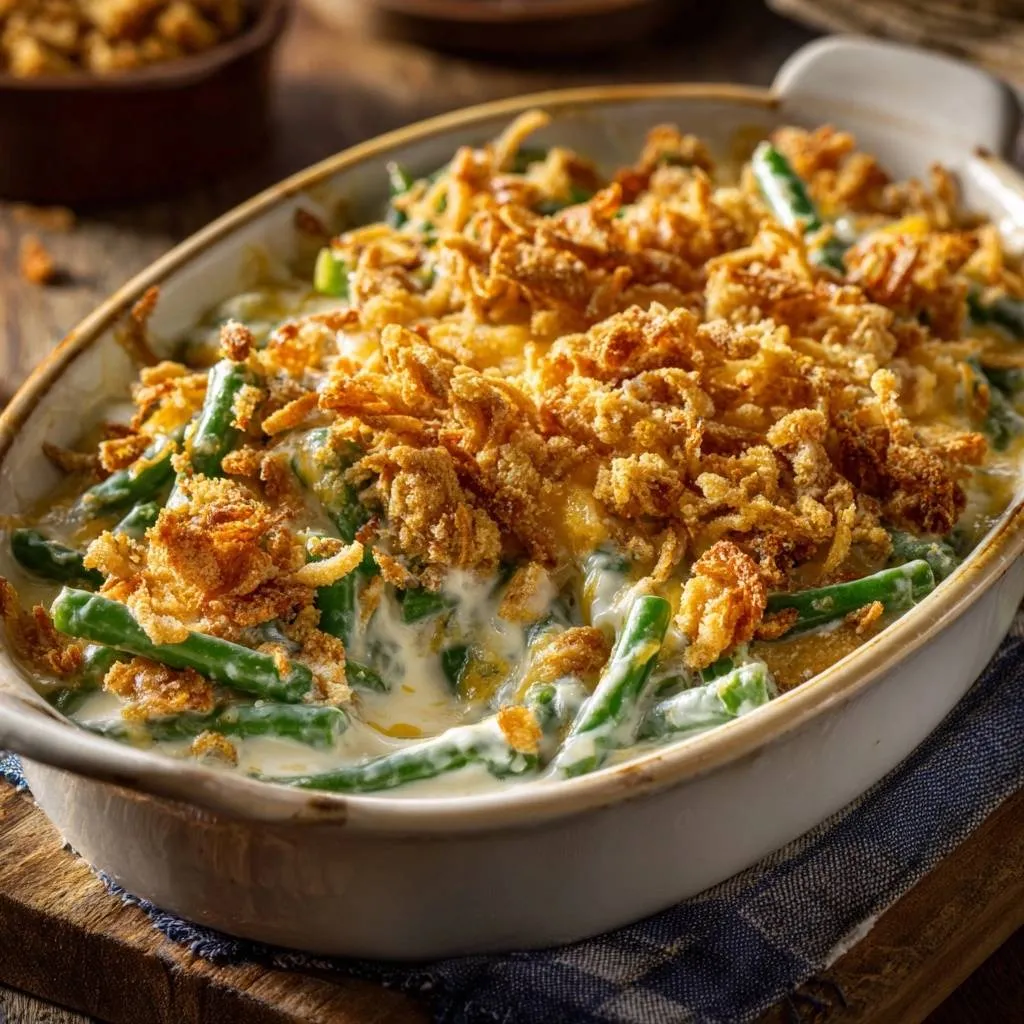 Classic green bean casserole with a close-up view of its golden fried onion topping and creamy sauce.