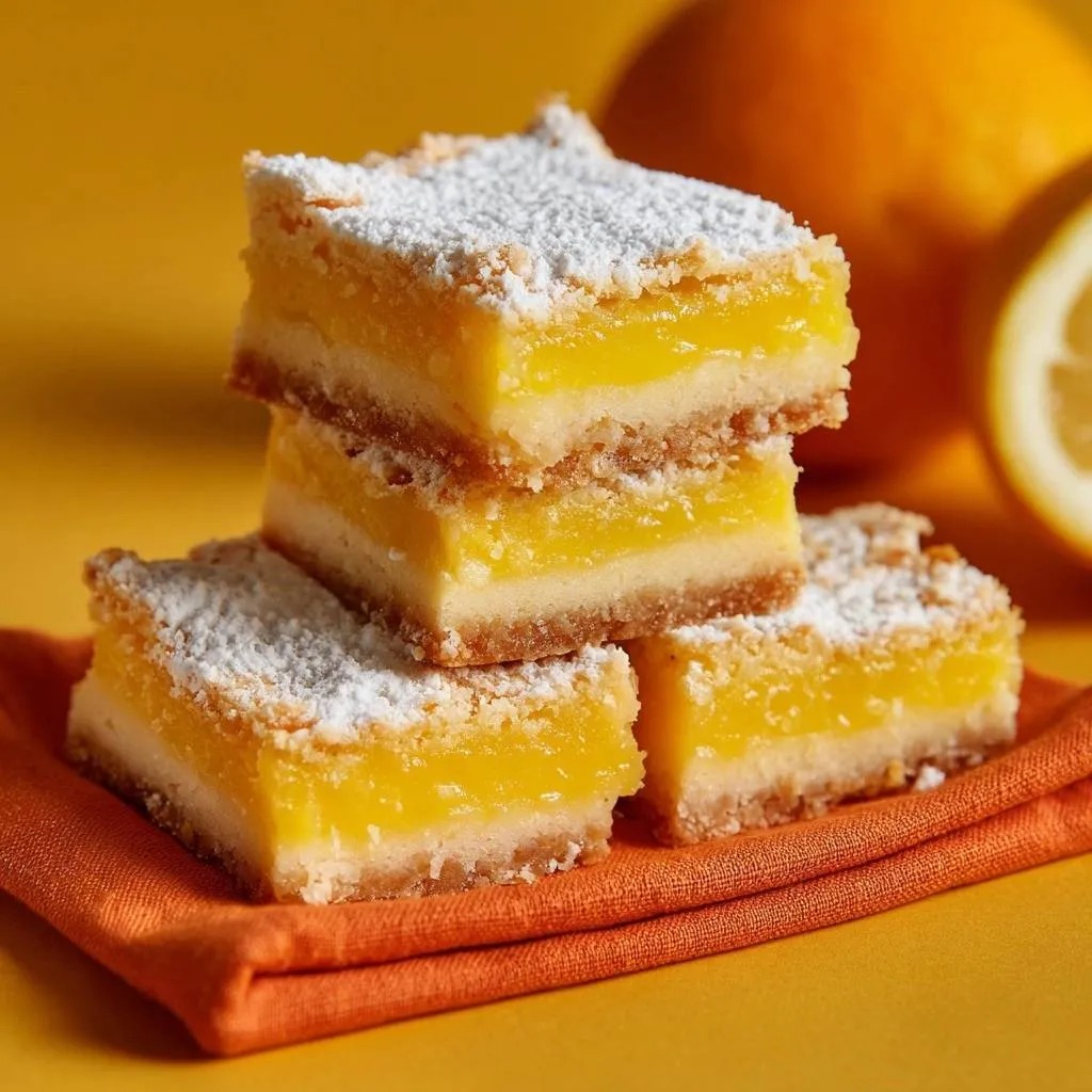 Classic lemon bars with a crisp, unbreakable crust shown in a stack with a close-up view of their cross-section.