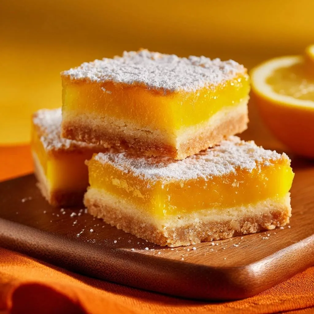 Classic lemon bars with a crisp crust, stacked and lightly dusted with powdered sugar, showing their bright yellow filling.