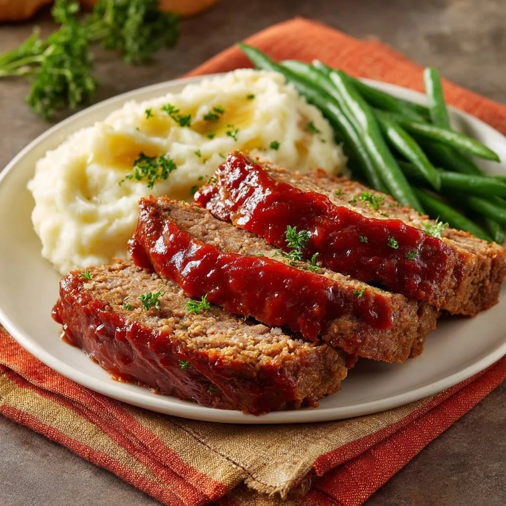 Classic meatloaf dinner sliced and plated with mashed potatoes and green beans, showing a savory glaze.