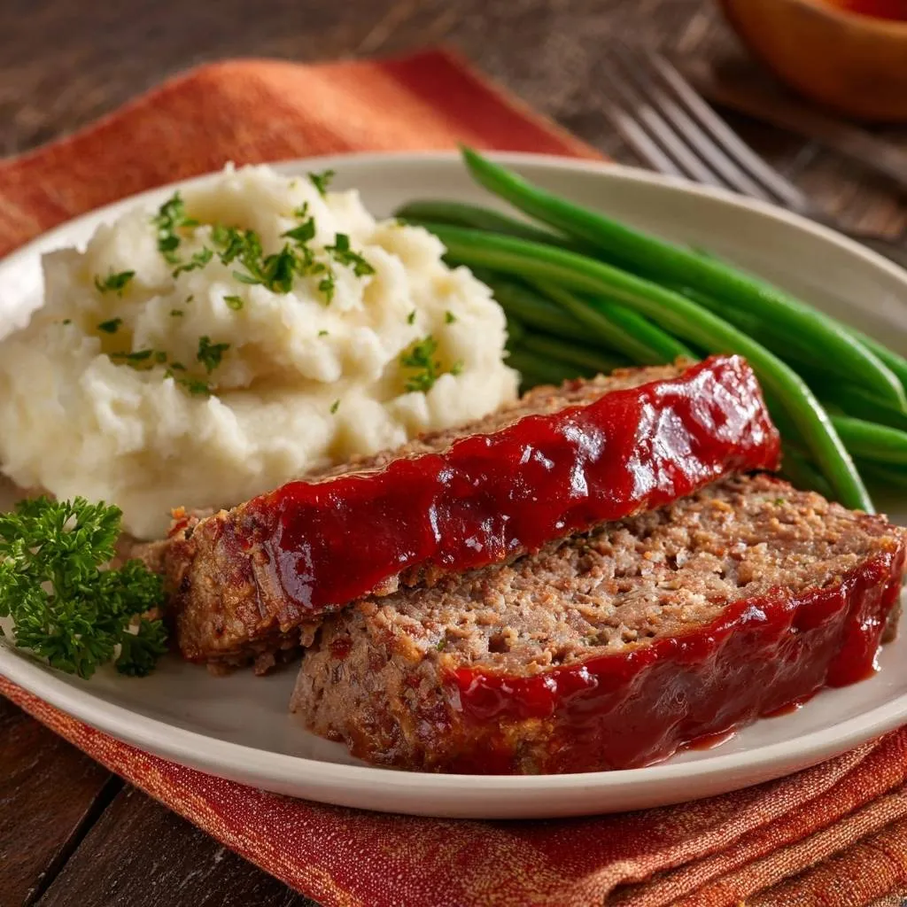 Classic meatloaf dinner, sliced and plated with mashed potatoes and green beans, topped with glaze.