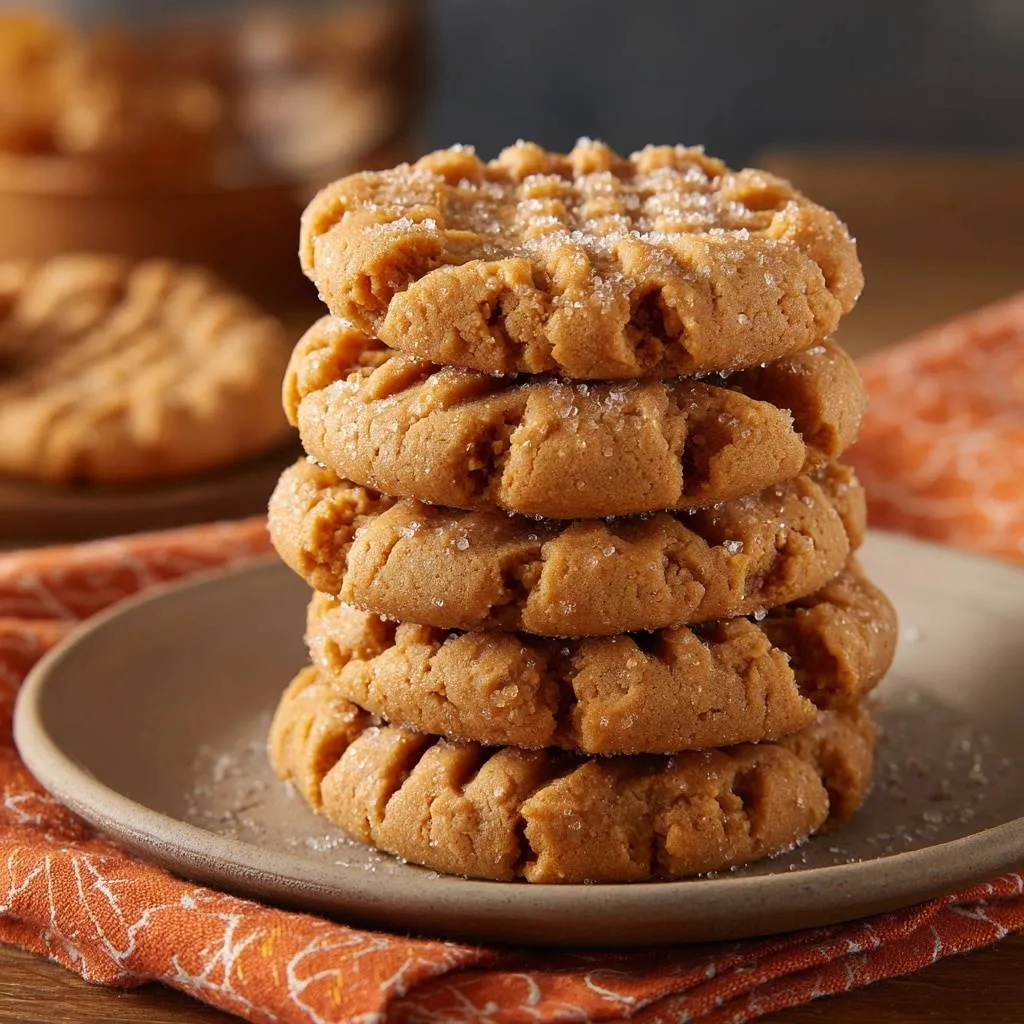 Classic peanut butter cookies, a stack of five thick and chewy cookies dusted with sugar, presented on a plate.
