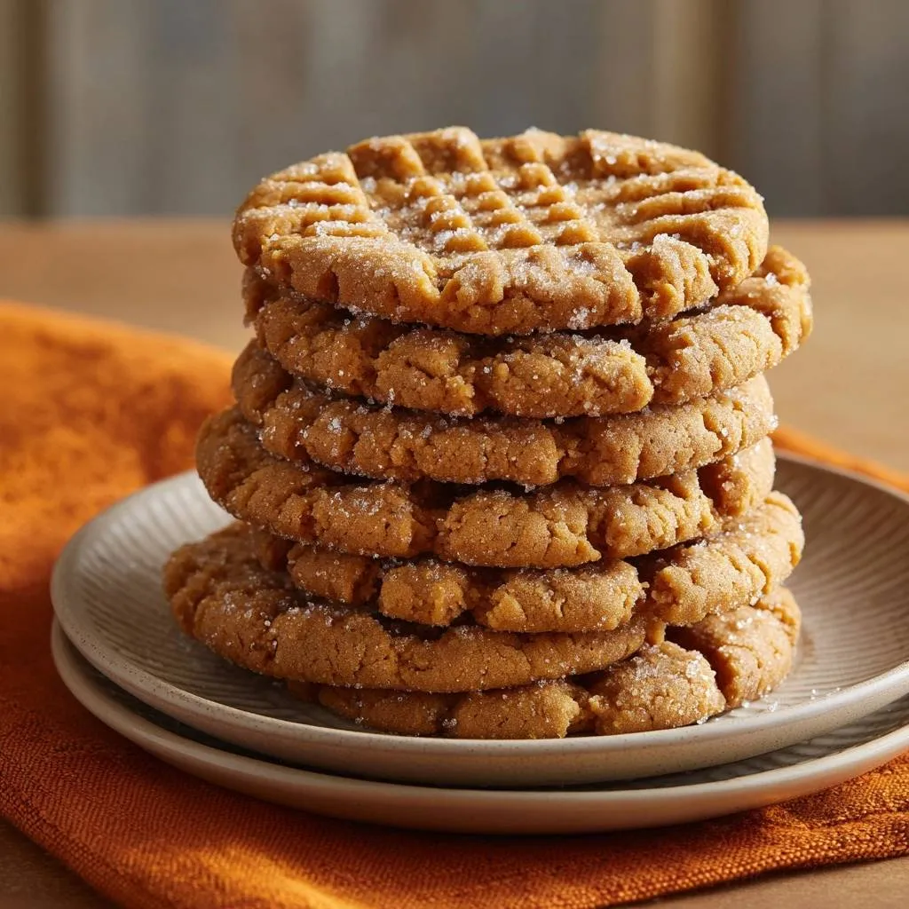 Classic peanut butter cookies, a stack of no-spread cookies with sugar crystals, resting on a plate.