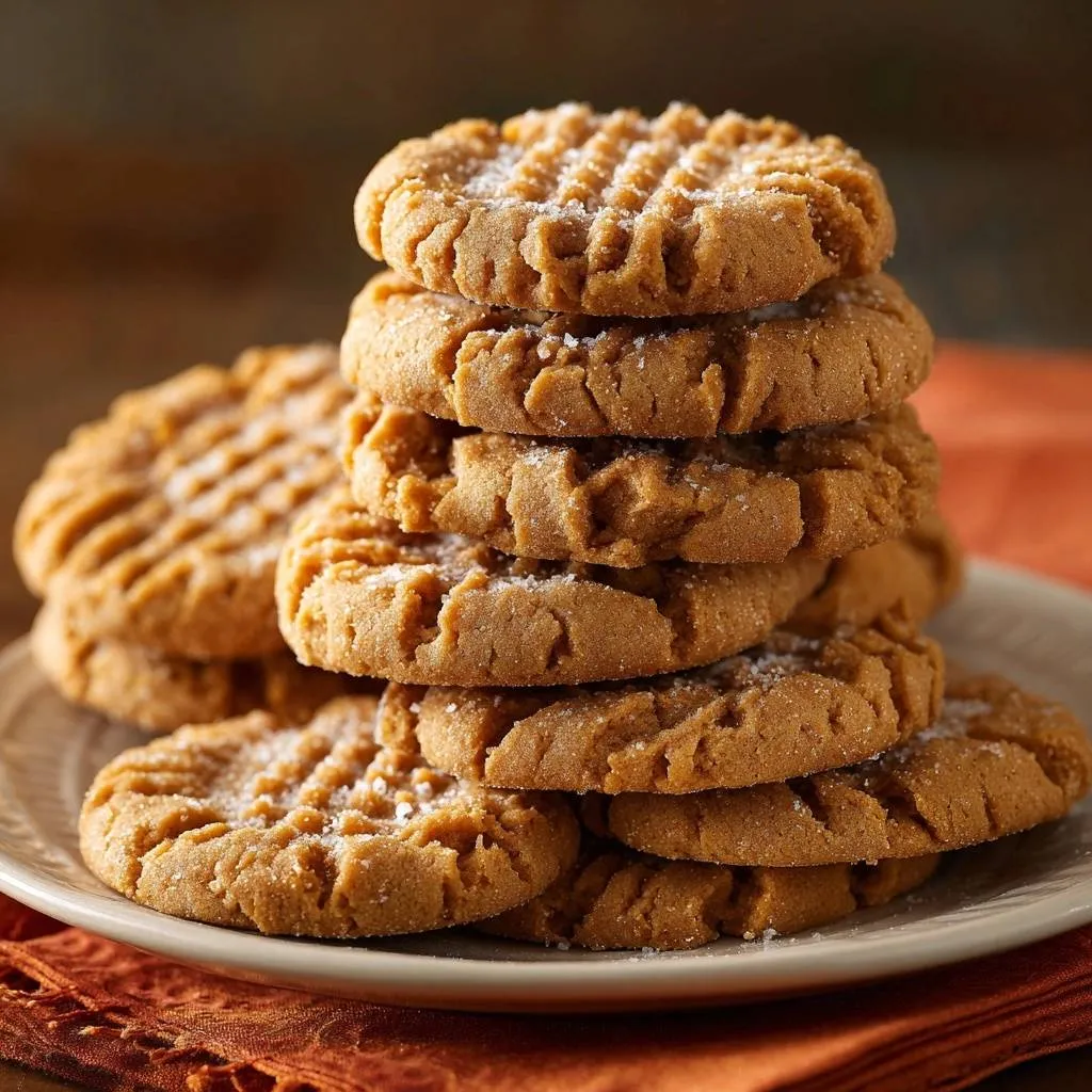 Classic peanut butter cookies stacked high on a plate, showcasing their textured tops and sprinkled with sugar.