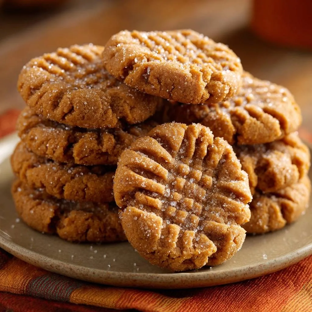 Classic peanut butter cookies, thick and chewy, stacked on a plate with a fork-pressed pattern.