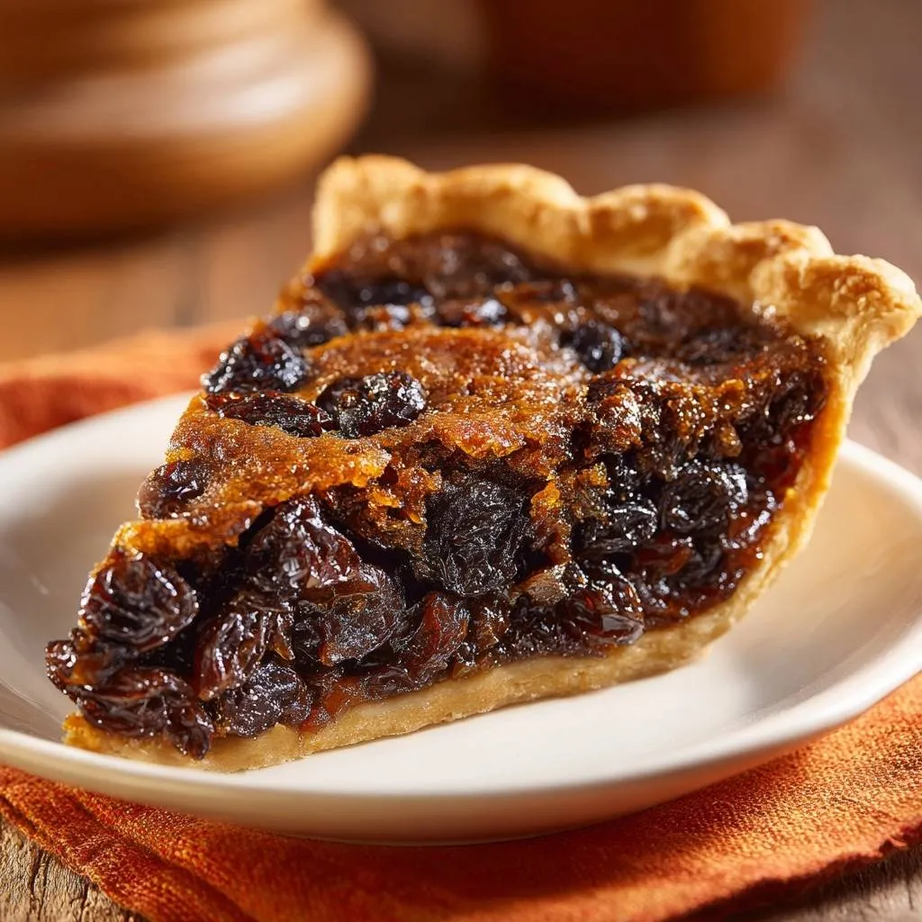 Classic raisin pie with stovetop thickened filling shown as a close-up interior slice on a white plate.