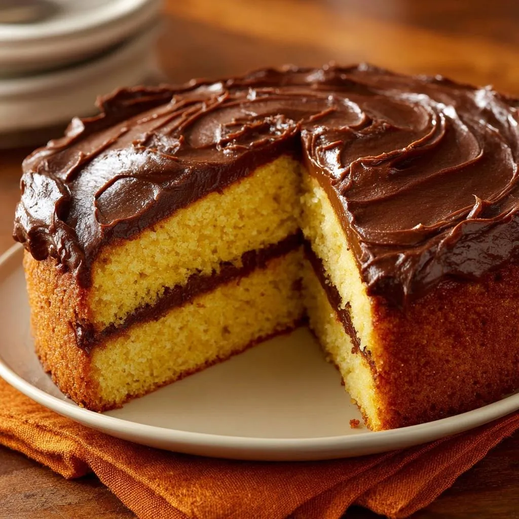Classic yellow cake with chocolate frosting, showing a detailed cross-section with two layers and rich chocolate filling.