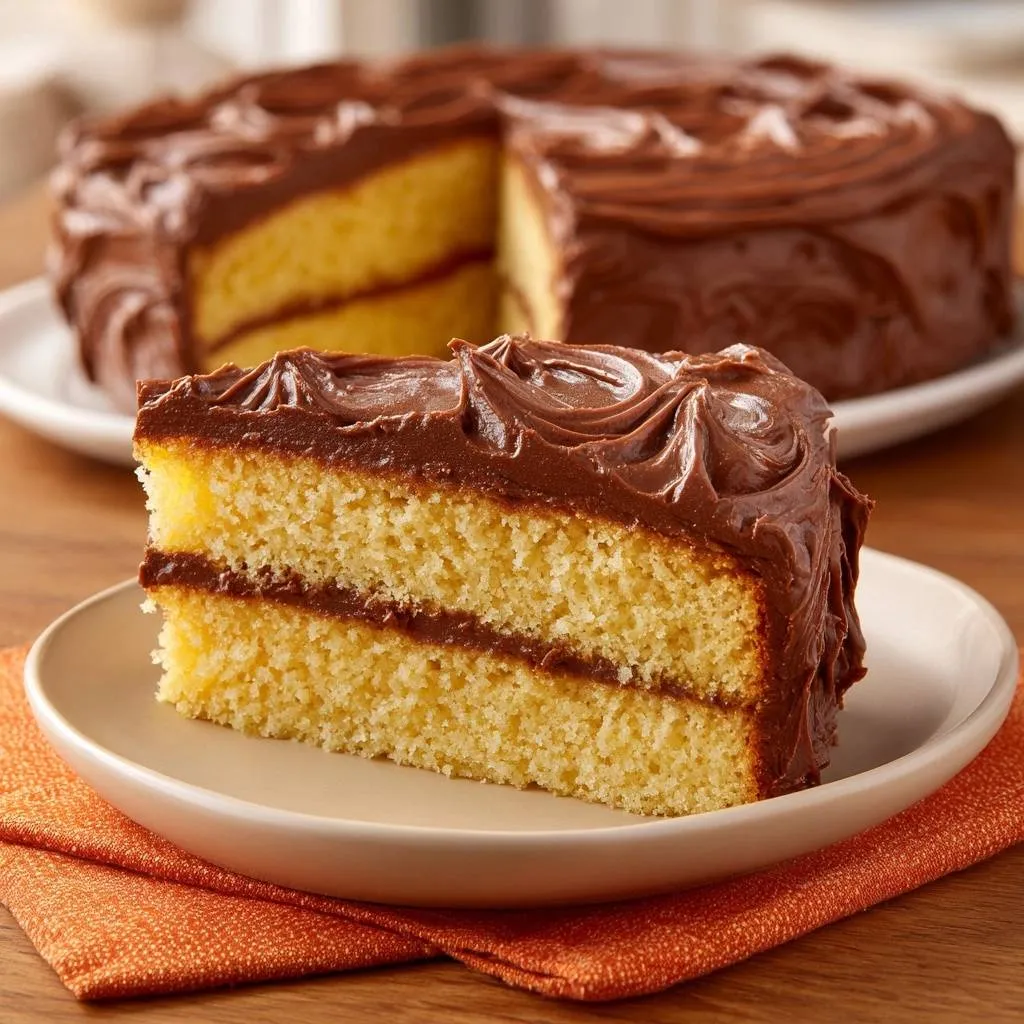 Classic yellow cake with chocolate frosting, shown as a close-up slice revealing its layered interior and rich frosting.