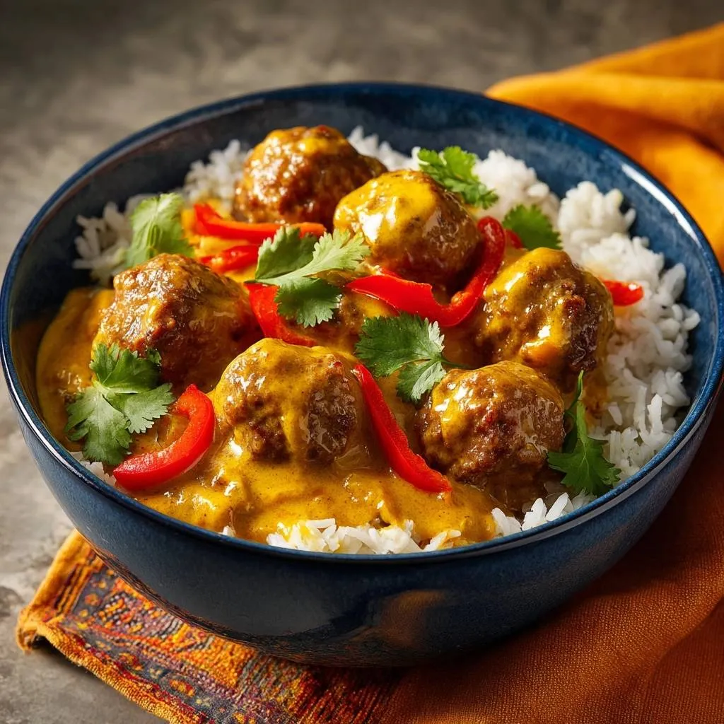 Coconut curry meatballs with peppers served in a blue bowl over white rice, garnished with cilantro.