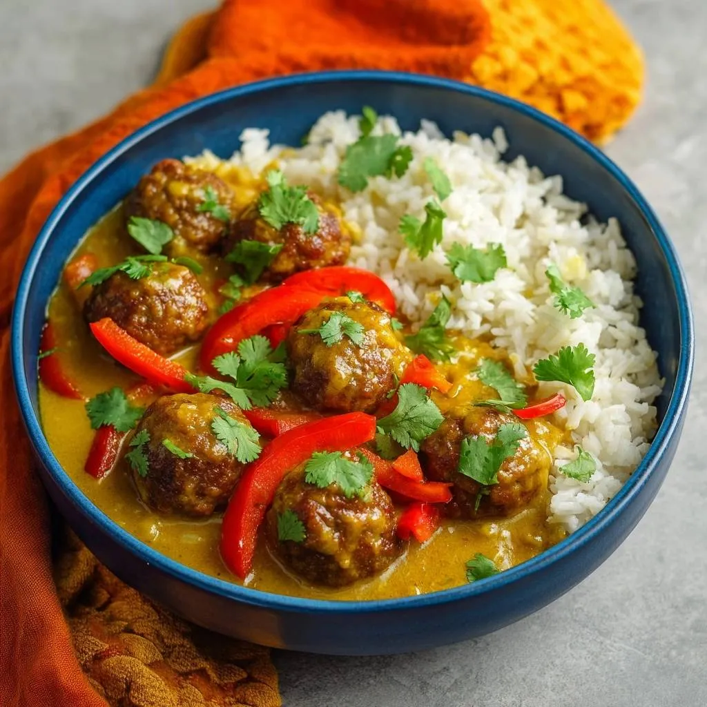Coconut curry meatballs with peppers and rice served in a blue bowl, garnished with cilantro.