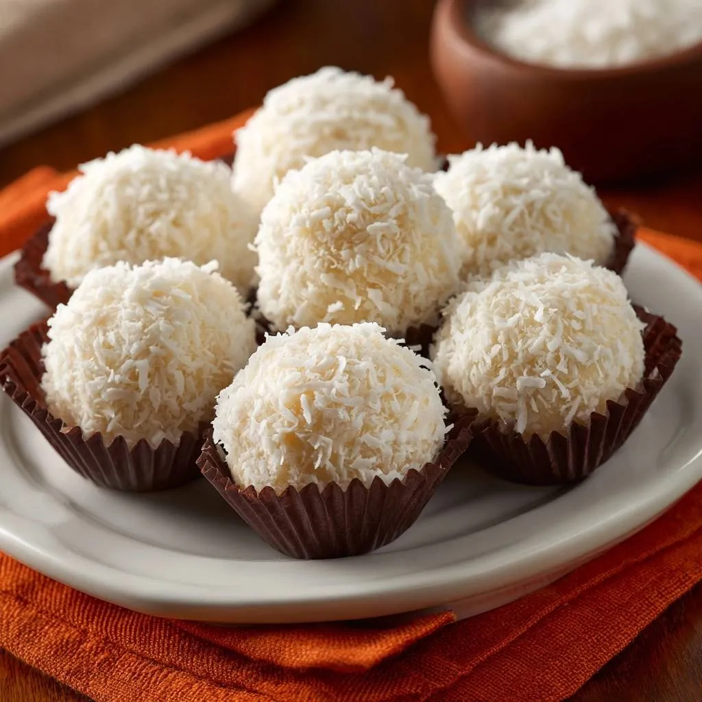 Coconut snowballs coated in shredded coconut, nestled in brown paper candy cups on a white plate.