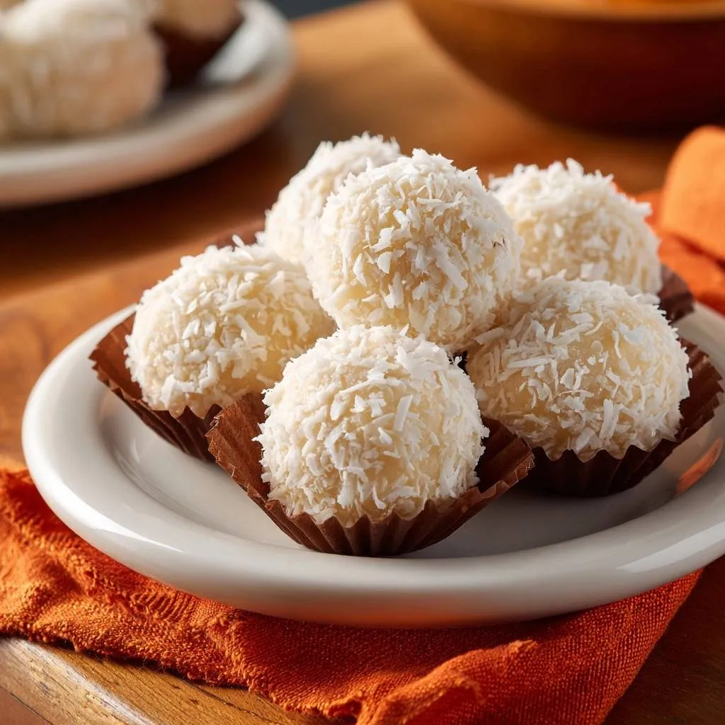 Coconut snowballs are presented in brown paper liners on a white plate, covered in shredded coconut.