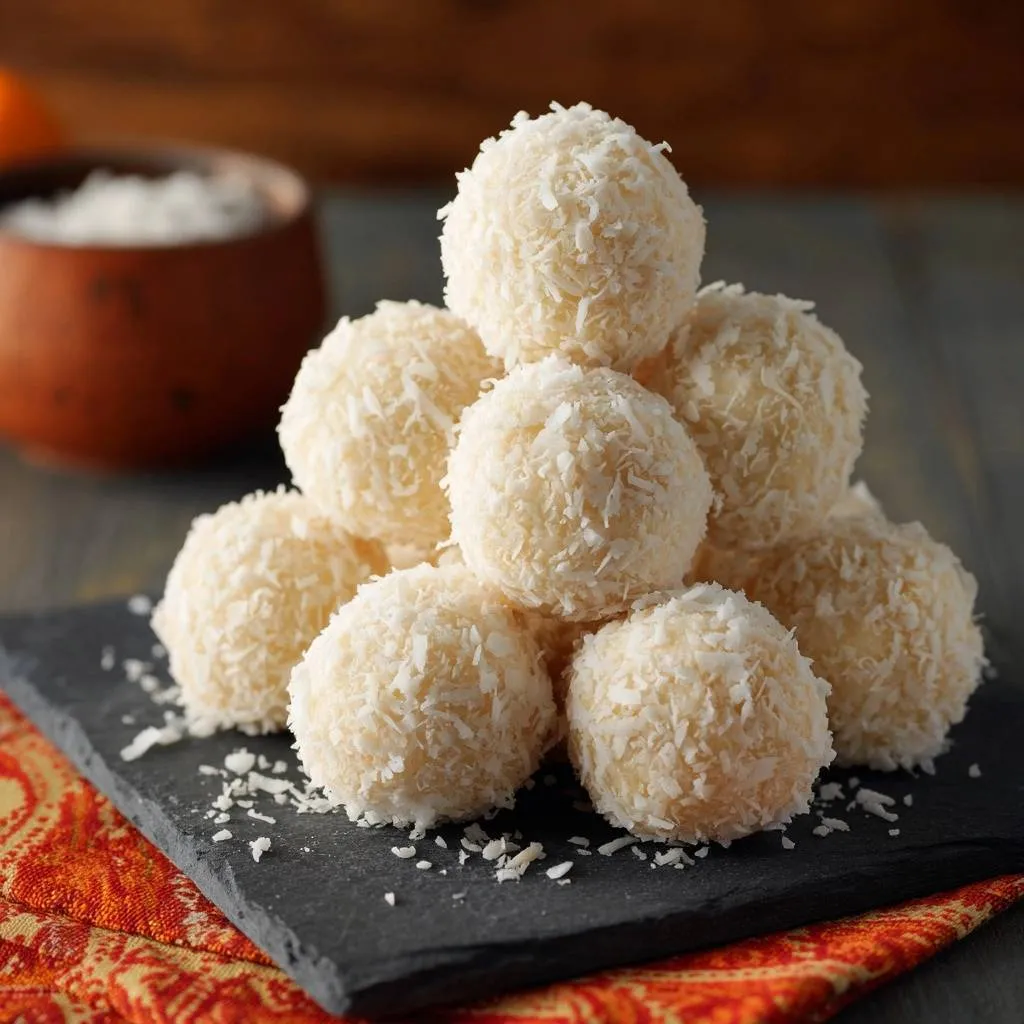 Perfect coconut snowballs stacked in a pyramid on a slate board, coated in shredded coconut.