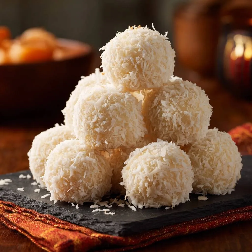 Perfect coconut snowballs stacked in a pile on a dark slate board with a festive napkin.