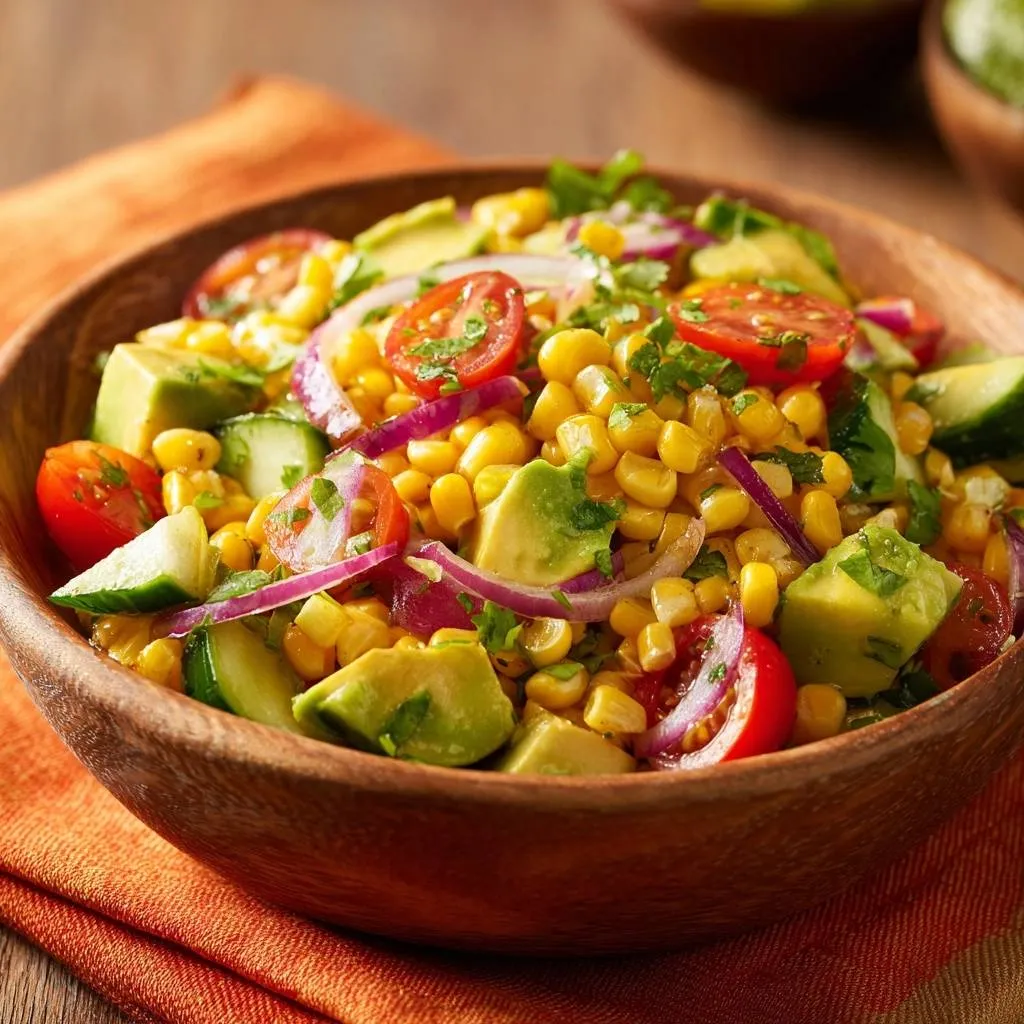 Fresh corn avocado salad with cherry tomatoes and red onion shown in a wooden bowl, highlighting the crisp texture of the ingredients.
