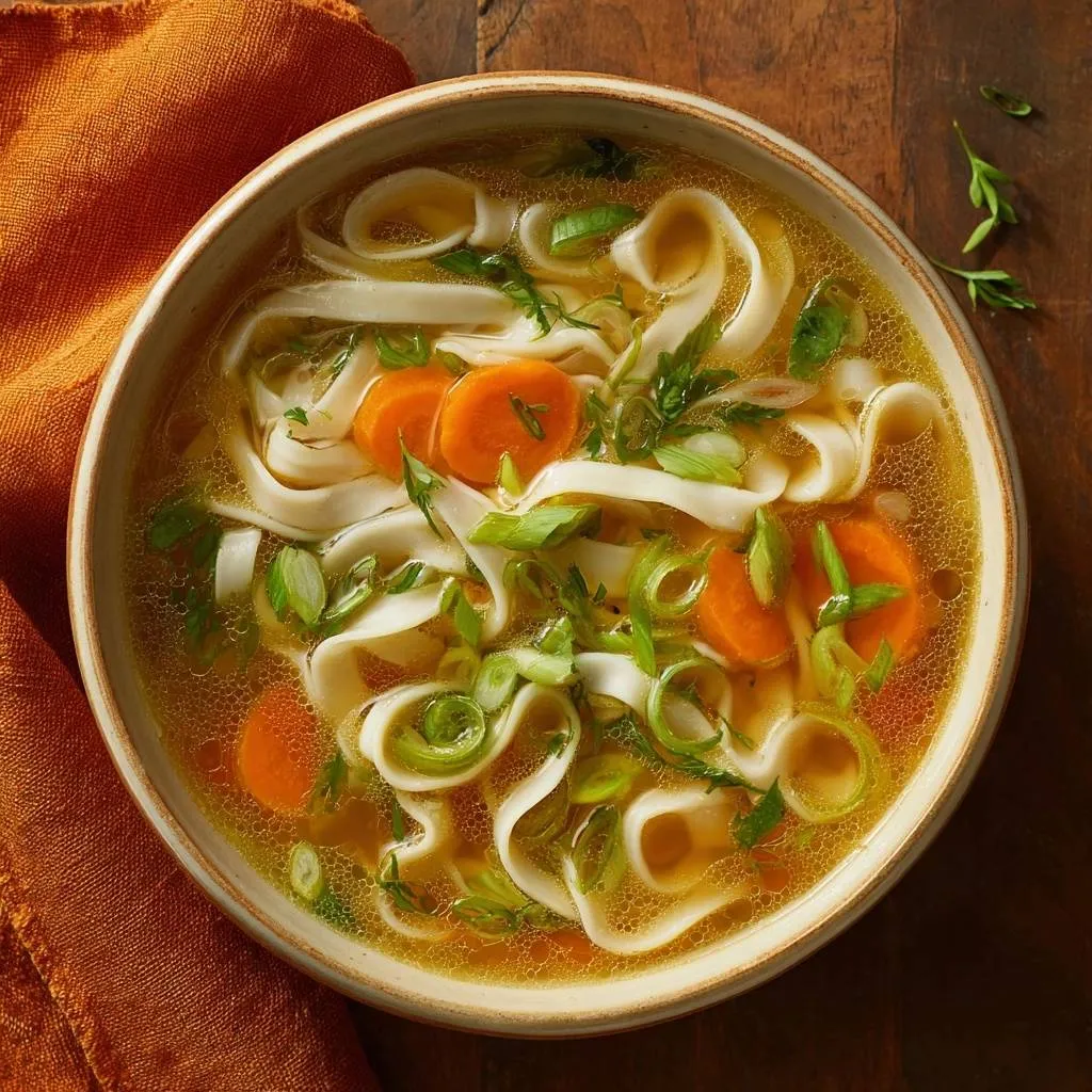 Cozy carrot noodle soup served in a bowl, showcasing noodles, carrots, and green onions from an overhead view.