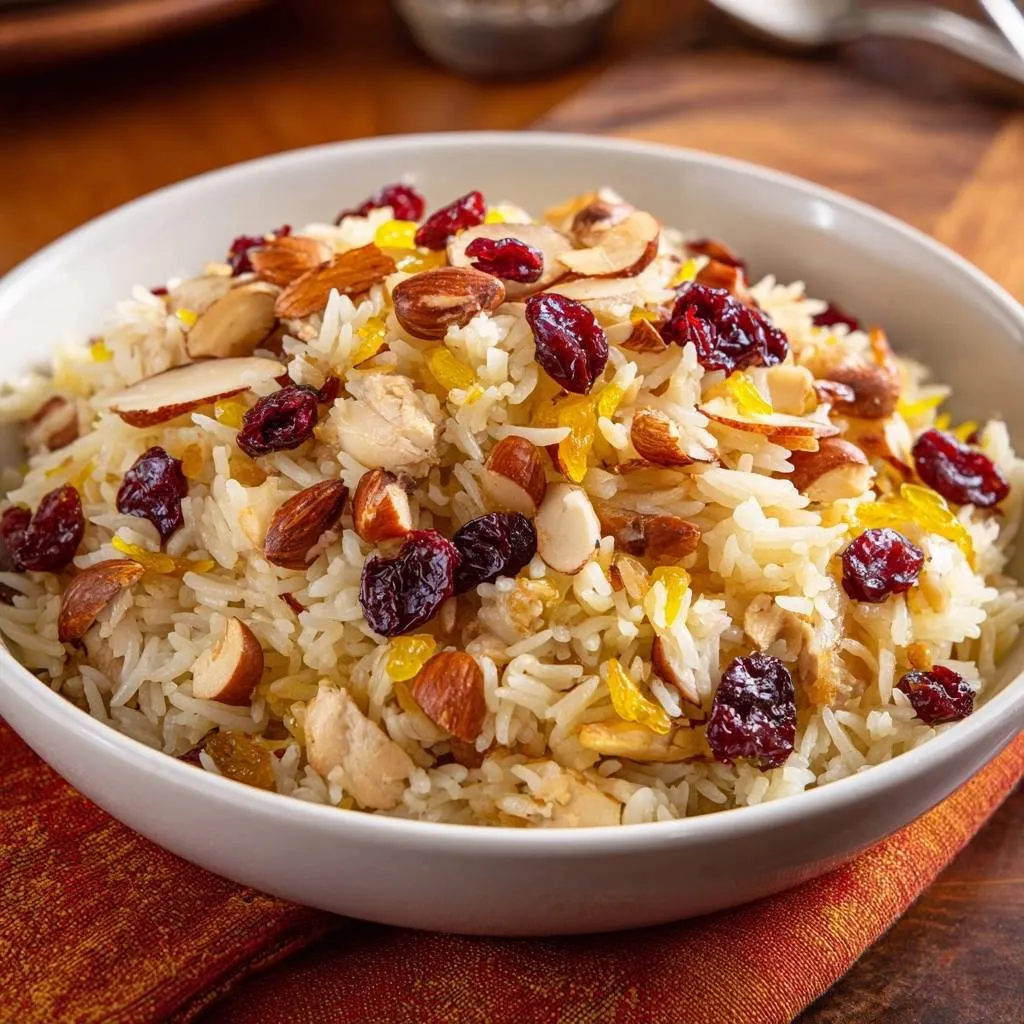 Cranberry almond chicken pilaf served in a white bowl, showcasing a close-up view of the fluffy grains and toppings.