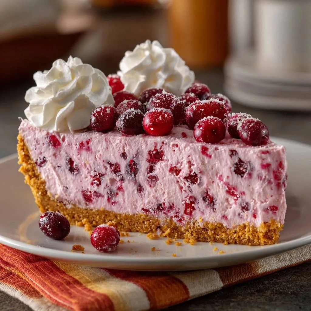Cranberry cheesecake bars with firm texture presented as a plated slice, topped with whipped cream and fresh cranberries.